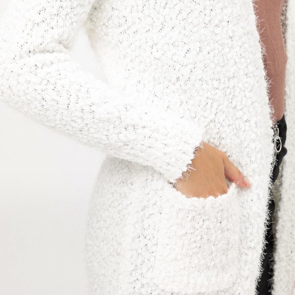 White Eyelash Popcorn Knit Long Cardigan Pockets - Picture 11 of 12